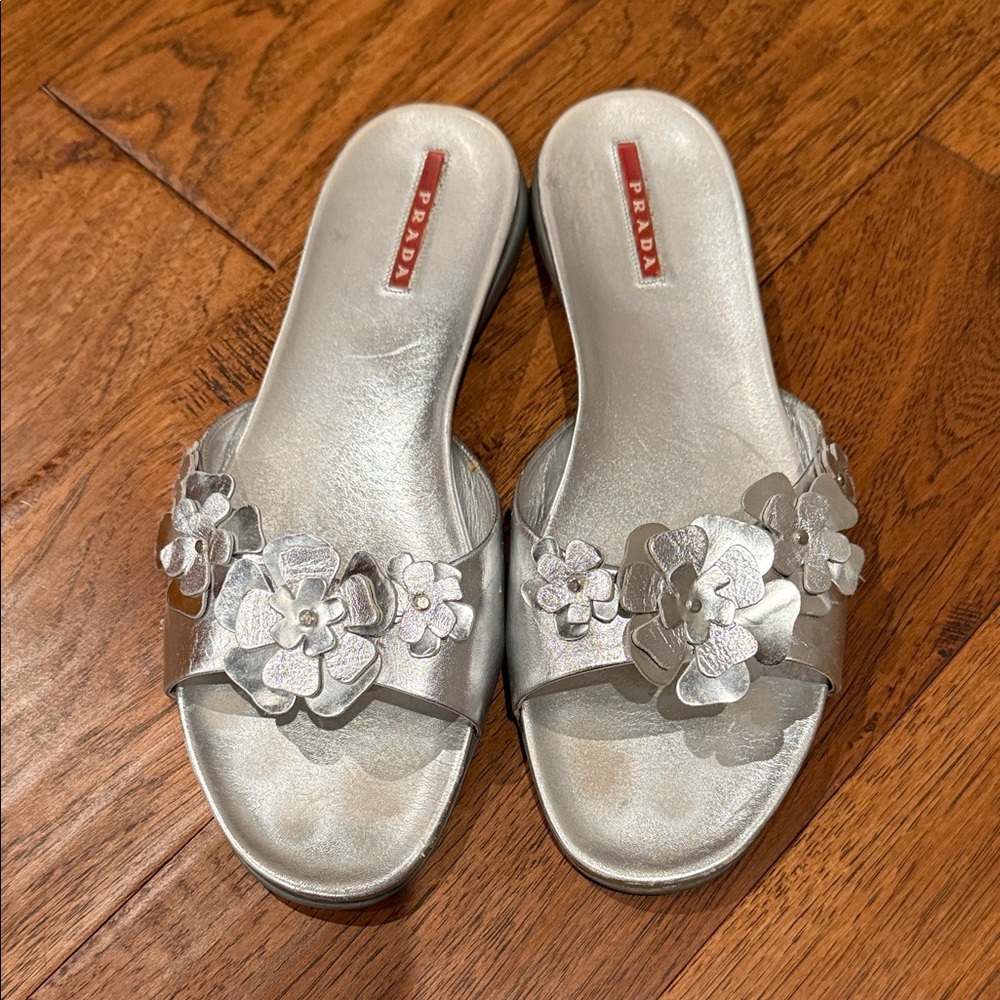 Prada Metallic Silver Floral Sandals
